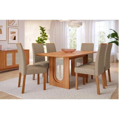 Conjunto: Mesa De Cozinha Valentina Tampo Madeirado 180x90cm E 6 Cadeiras Clarice Cinamomo - Carvalho-linho Bege - Cimol