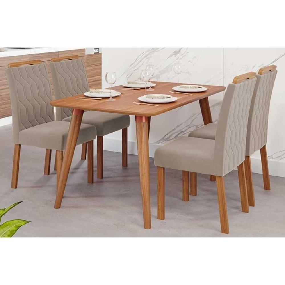 Conjunto: Mesa De Cozinha Adele Tampo Madeirado 130x80cm E 4 Cadeiras Paola Carvalho-cinamomo - Linho Bege - Cimol - 1