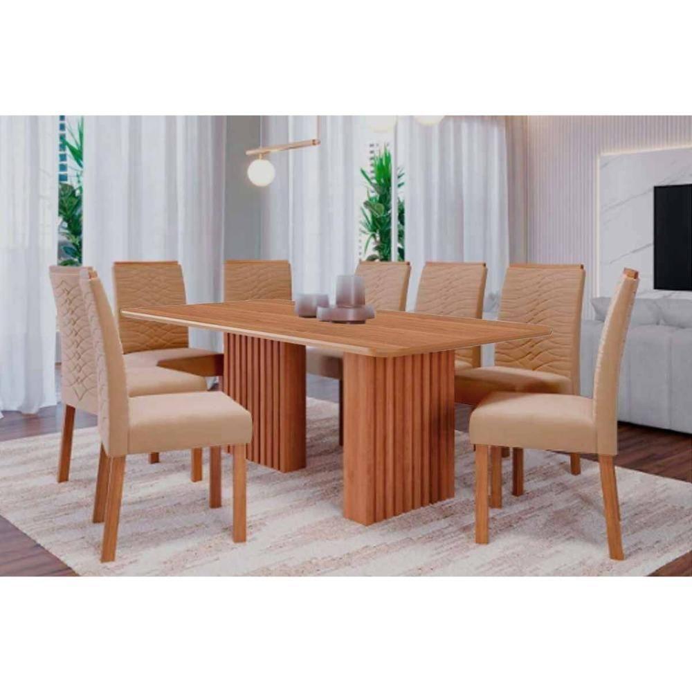 Conjunto: Mesa Sala Jantar Ester Tampo Madeirado 210x100cm E 8 Cadeiras Clarice Cinamomo - Carvalho-linho Bege - Cimol - 1