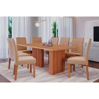 Conjunto: Mesa Sala Jantar Ester Tampo Madeirado 210x100cm E 8 Cadeiras Clarice Cinamomo - Carvalho-linho Bege - Cimol - 1