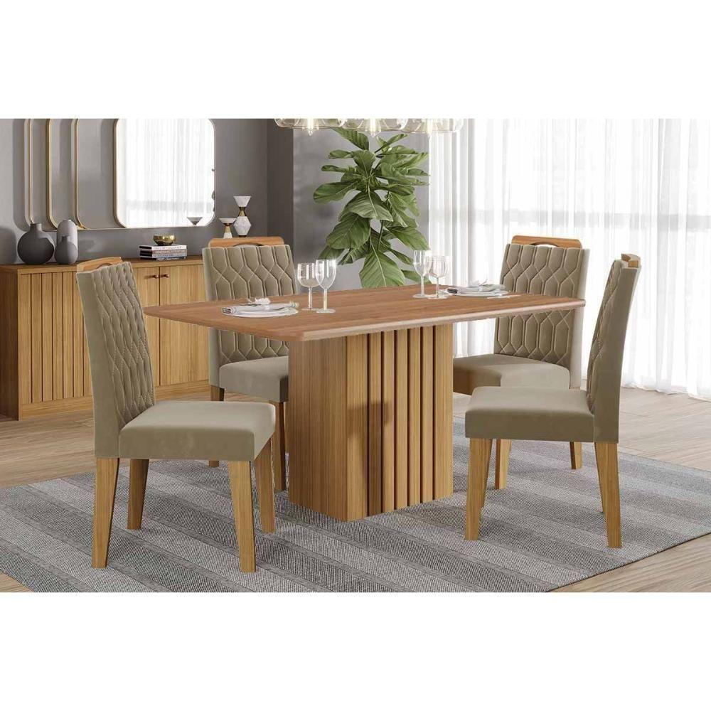 Conjunto: Mesa De Cozinha Ana Tampo Madeirado 130x80cm E 4 Cadeiras Paola Cinamomo - Carvalho-linho Bege - Cimol - 1