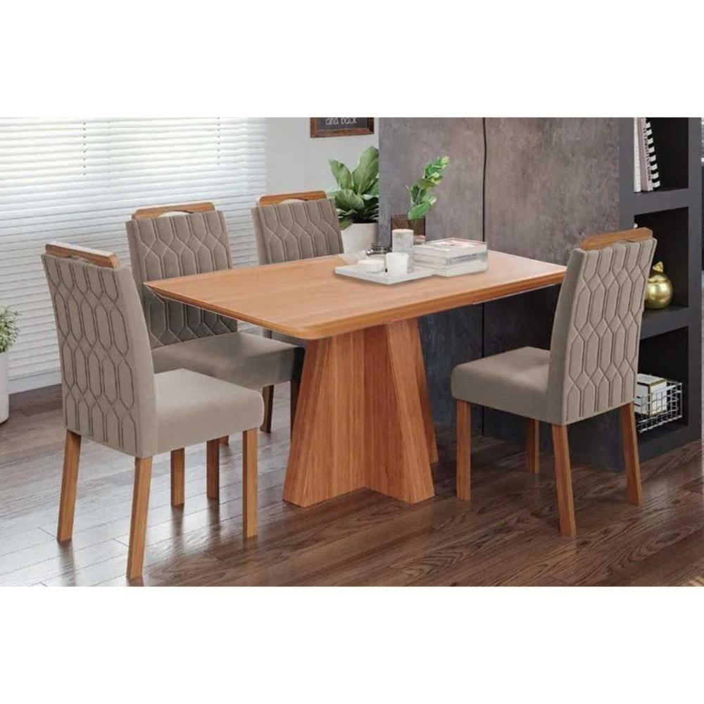 Conjunto: Mesa De Cozinha Maitê Tampo Madeirado 130x80cm E 4 Cadeiras Paola Cinamomo - Carvalho-linho Bege - Cimol - 1
