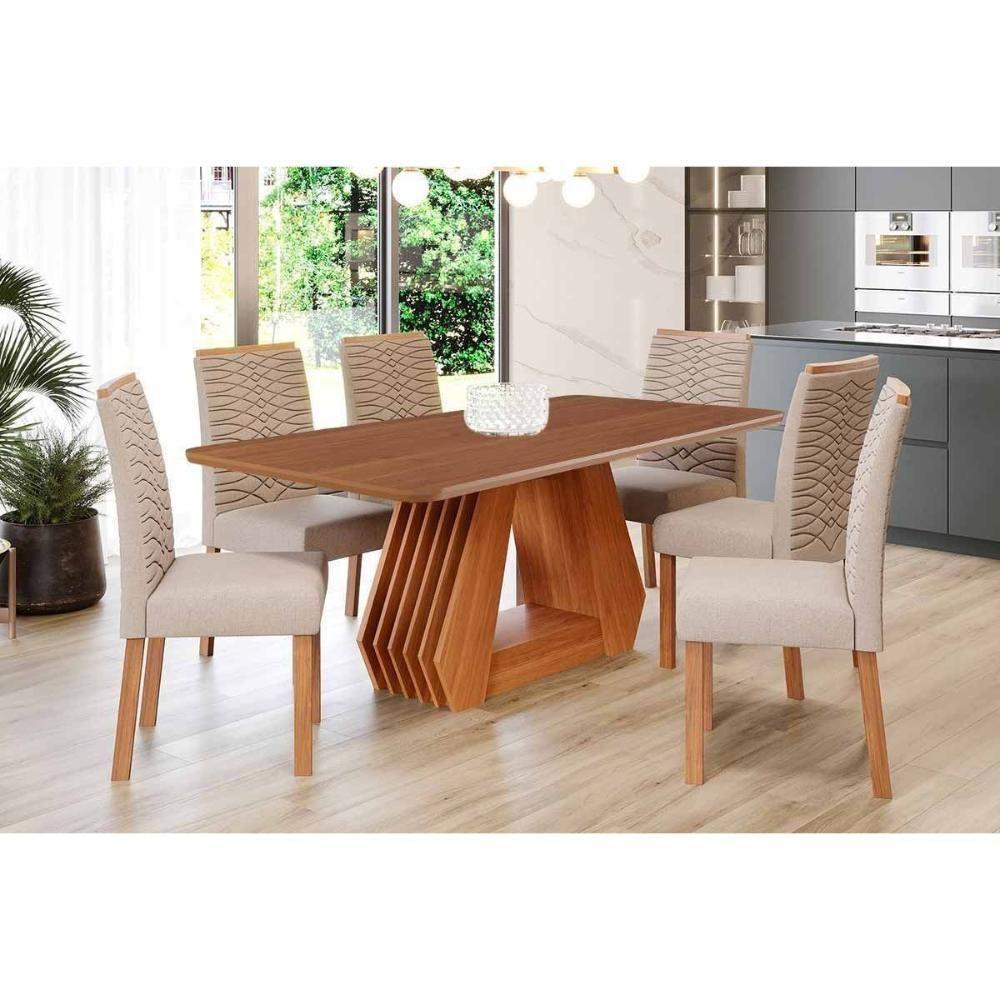 Conjunto: Mesa De Cozinha ágata Tampo Madeirado 180x90cm E 6 Cadeiras Clarice Cinamomo - Carvalho-linho Bege - Cimol - 8