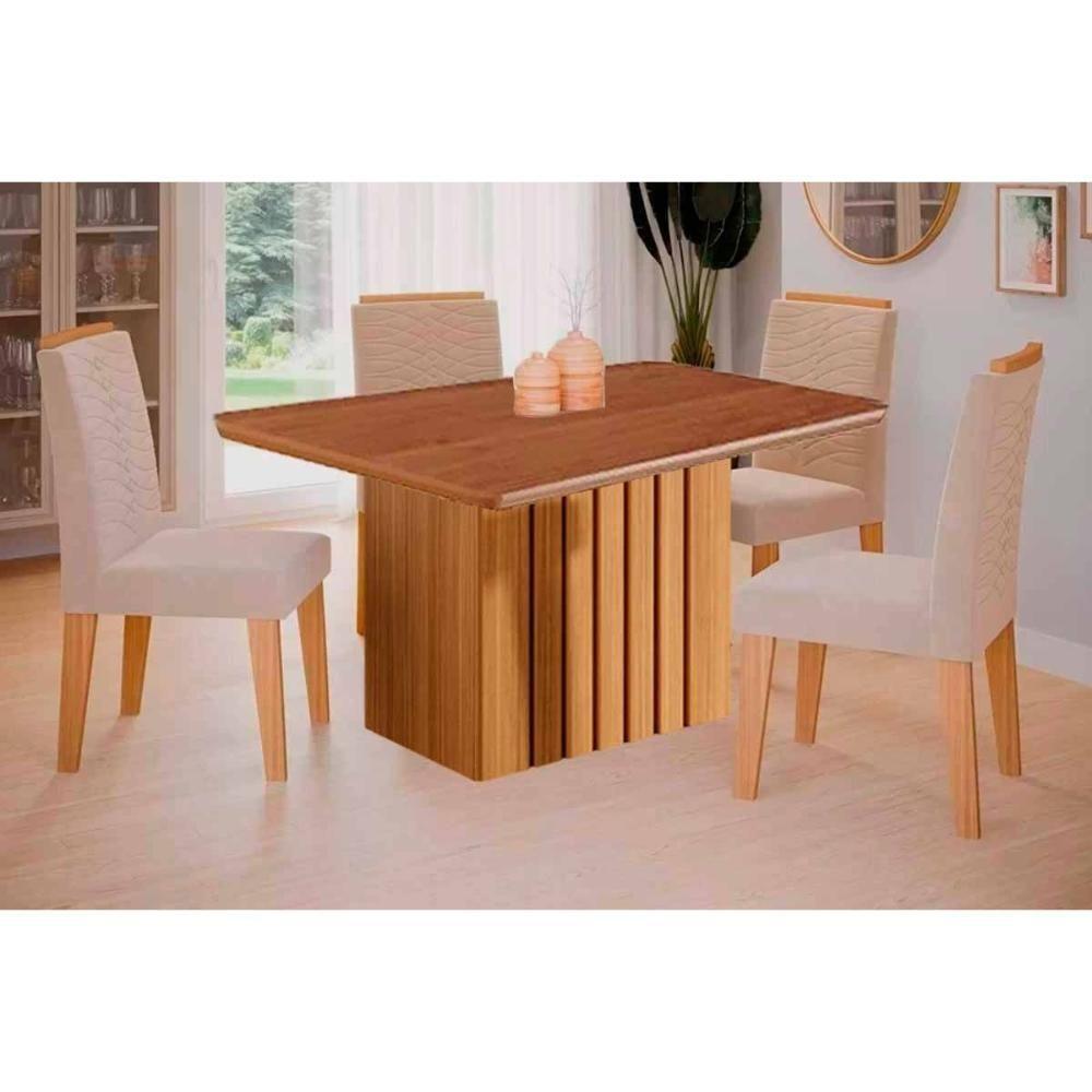 Conjunto: Mesa De Cozinha Ana Tampo Madeirado 130x80cm E 4 Cadeiras Clarice Cinamomo - Carvalho-linho Bege - Cimol - 1
