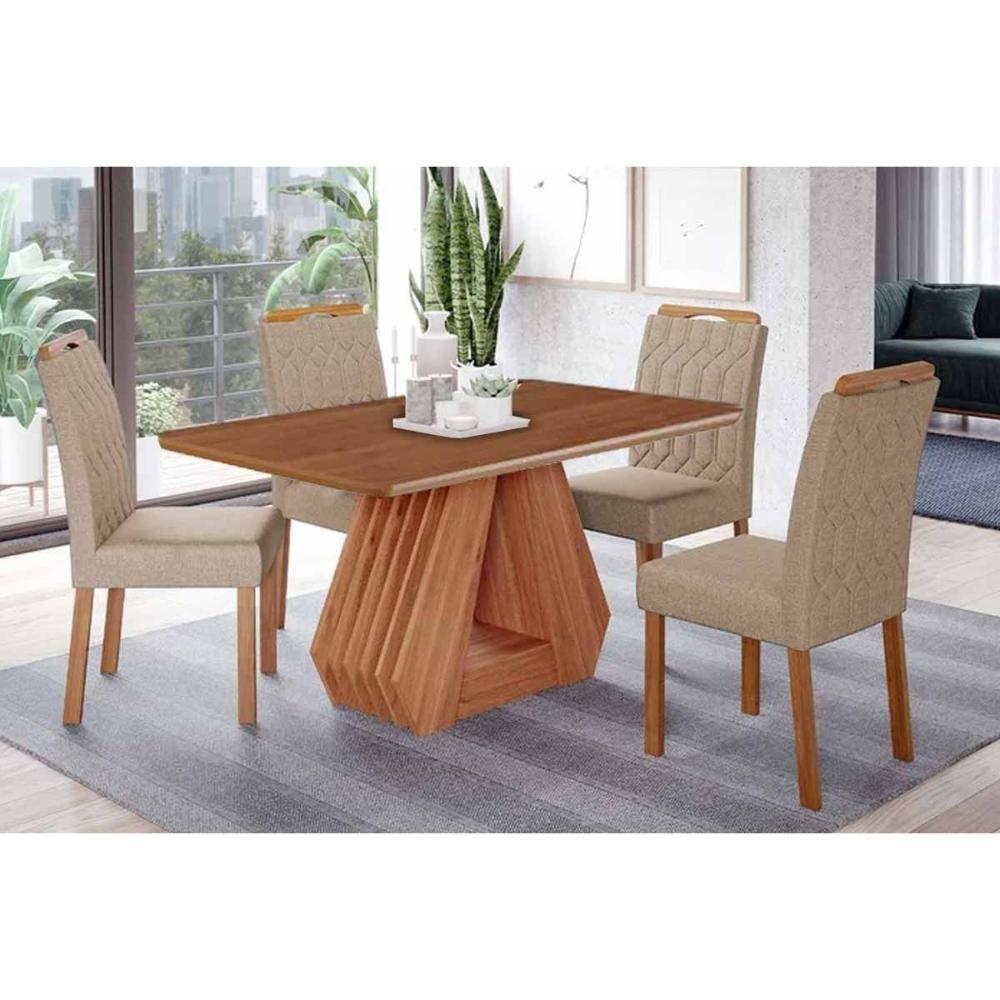 Conjunto: Mesa De Cozinha ágata Tampo Madeirado 130x80cm E 4 Cadeiras Paola Cinamomo - Carvalho-linho Bege - Cimol - 1