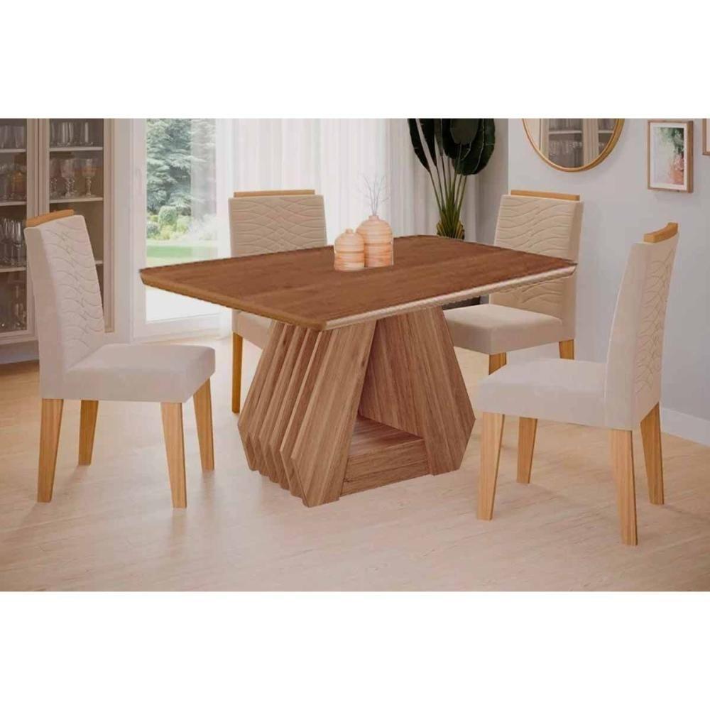 Conjunto: Mesa De Cozinha ágata Tampo Madeirado 130x80cm E 4 Cadeiras Clarice Cinamomo - Carvalho-linho Bege - Cimol - 1