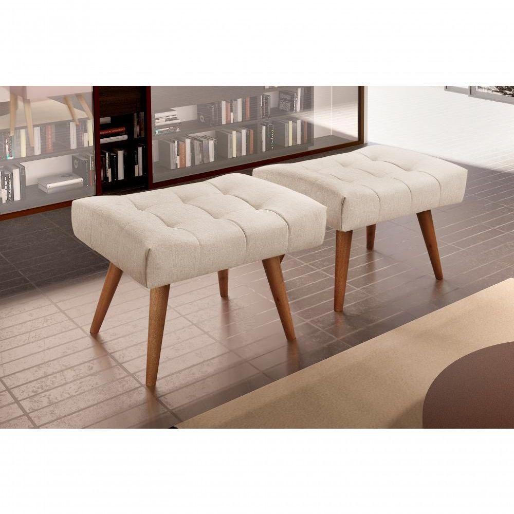 Puff Banqueta Theo Madeira Maciça Castellar Móbile Linho Bege Claro - 4