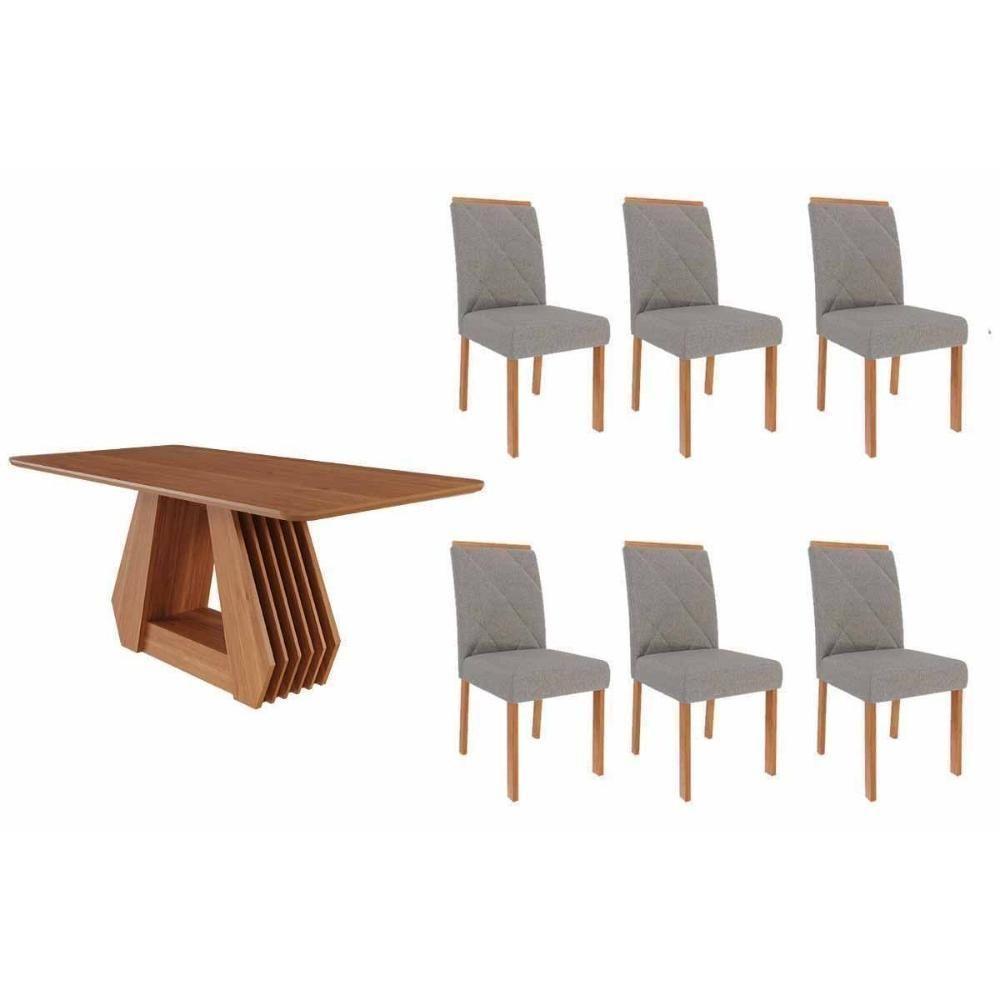 Conjunto: Mesa De Cozinha ágata Tampo Madeirado 180x90cm E 6 Cadeiras Fernanda Cinamomo - Carvalho-linho Grafite - Cimol - 1