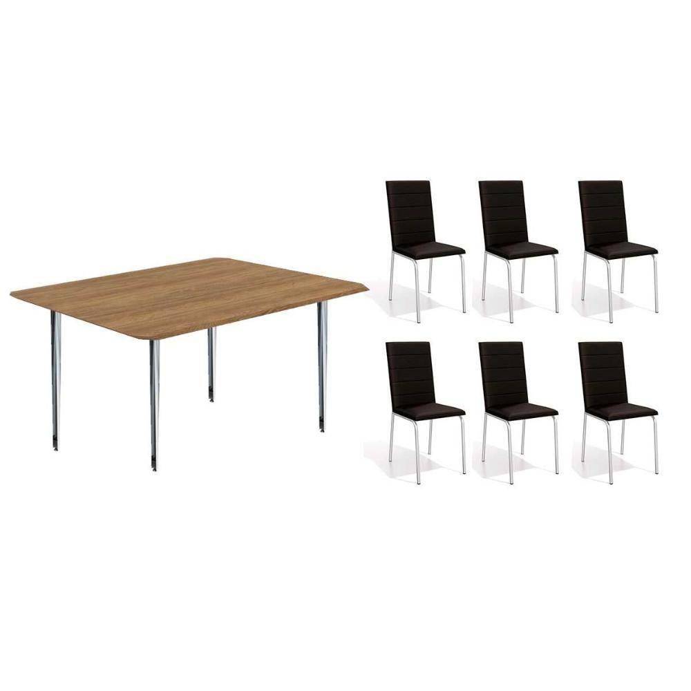 Conjunto: Mesa Sala Jantar Iguaçu C- Tampo De Madeira 1.60cm + 6 Cadeiras Amsterdã Cromada - Corano Preto - Kappesberg - 1