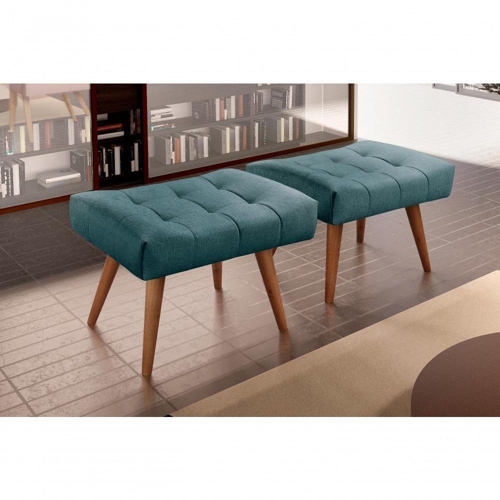 Puff Banqueta Theo Madeira Maciça Castellar Móbile Linho Azul - 4