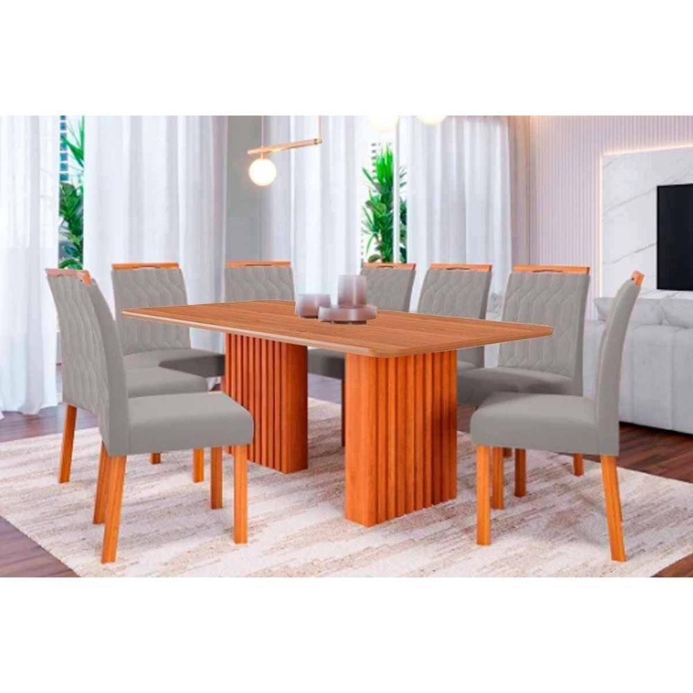 Conjunto: Mesa Sala Jantar Ester Tampo Madeirado 210x100cm E 8 Cadeiras Paola Cinamomo - Carvalho-linho Grafite - Cimol - 1