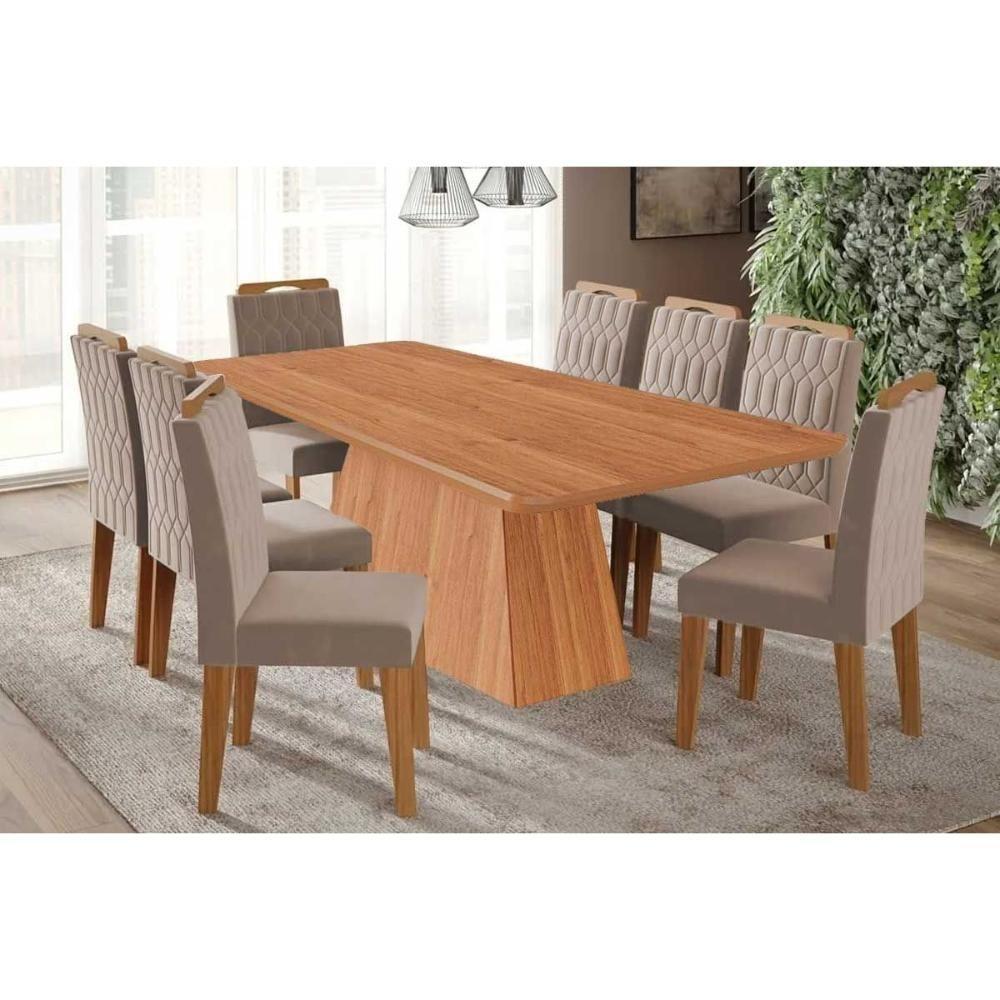Conjunto: Mesa Sala Jantar Helena Tampo Madeirado 210x100cm E 8 Cadeiras Paola Cinamomo - Carvalho-linho Bege - Cimol - 1