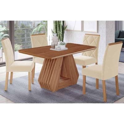 Conjunto: Mesa De Cozinha ágata Tampo Madeirado 130x80cm E 4 Cadeiras Fernanda Cinamomo - Carvalho-linho Bege - Cimol