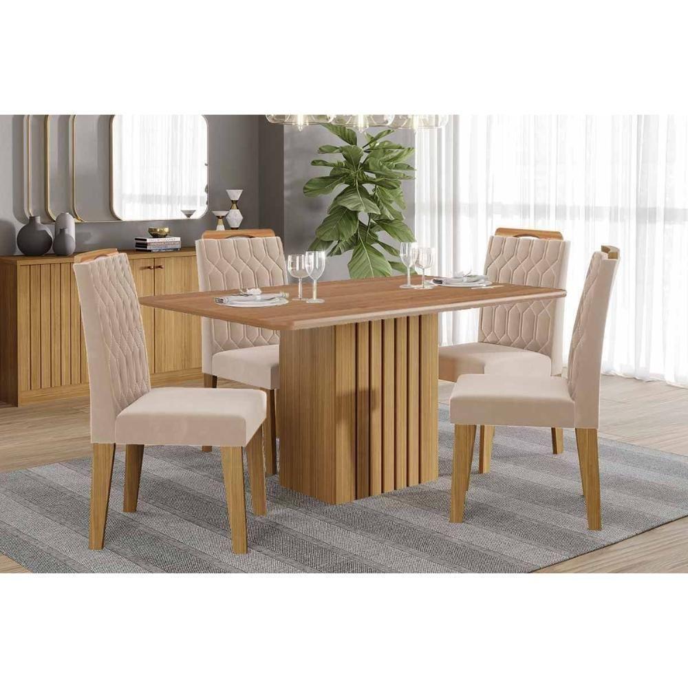 Conjunto: Mesa De Cozinha Ana Tampo Madeirado 130x80cm E 4 Cadeiras Paola Cinamomo - Carvalho-suede Nude Bege - Cimol - 1