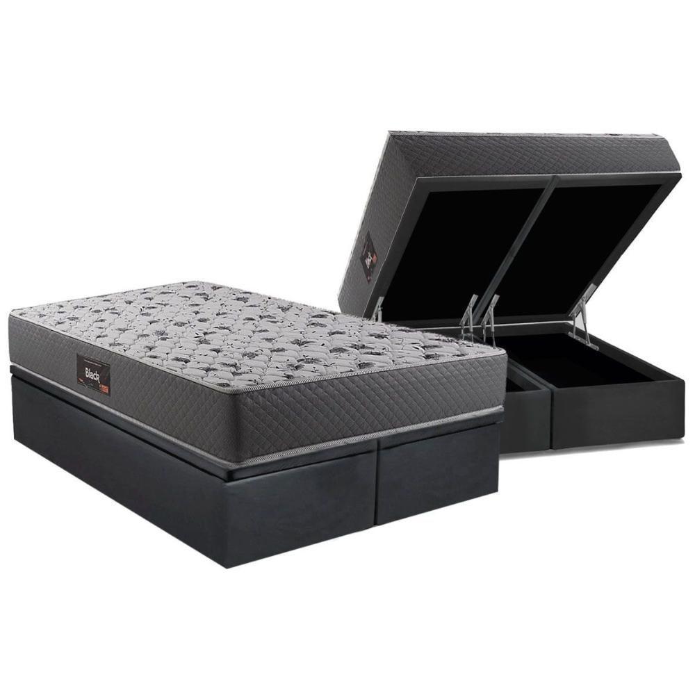 Cama Box Baú Queen: Colchão Anatômico Herval D28 - Ag65 Black + Base Crc Suede Gray (158x198) - 1