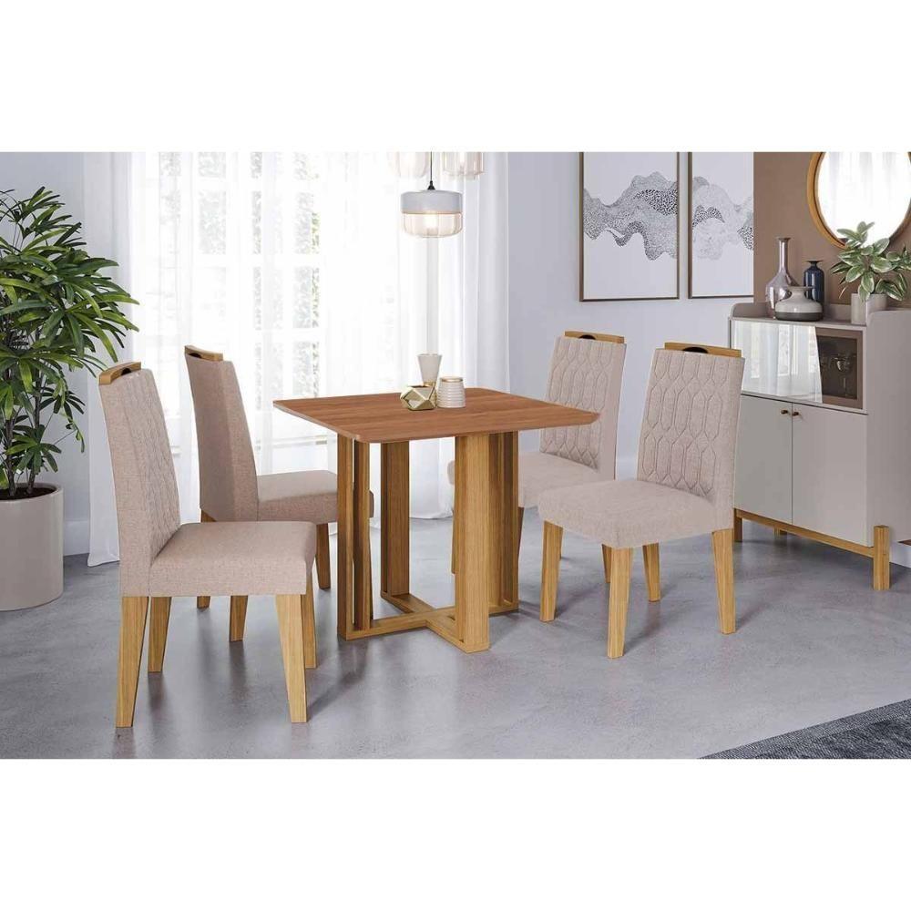 Conjunto: Mesa De Cozinha Flora Tampo Madeirado 95x95cm E 4 Cadeiras Paola Cinamomo - Carvalho-suede Nude Bege - Cimol - 1