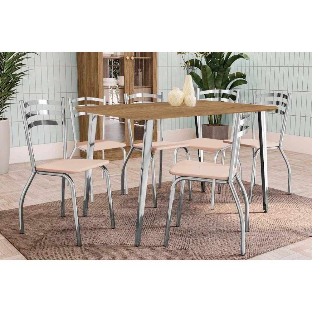 Conjunto: Mesa Sala Jantar Iguaçu C- Tampo De Madeira 1.60cm + 6 Cadeiras Portugal Cromada-nude 16 - Kappesberg - 1