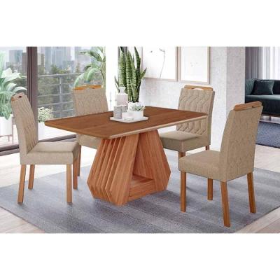 Conjunto: Mesa De Cozinha ágata Tampo Madeirado 130x80cm E 4 Cadeiras Paola Cinamomo - Carvalho-linho Bege - Cimol