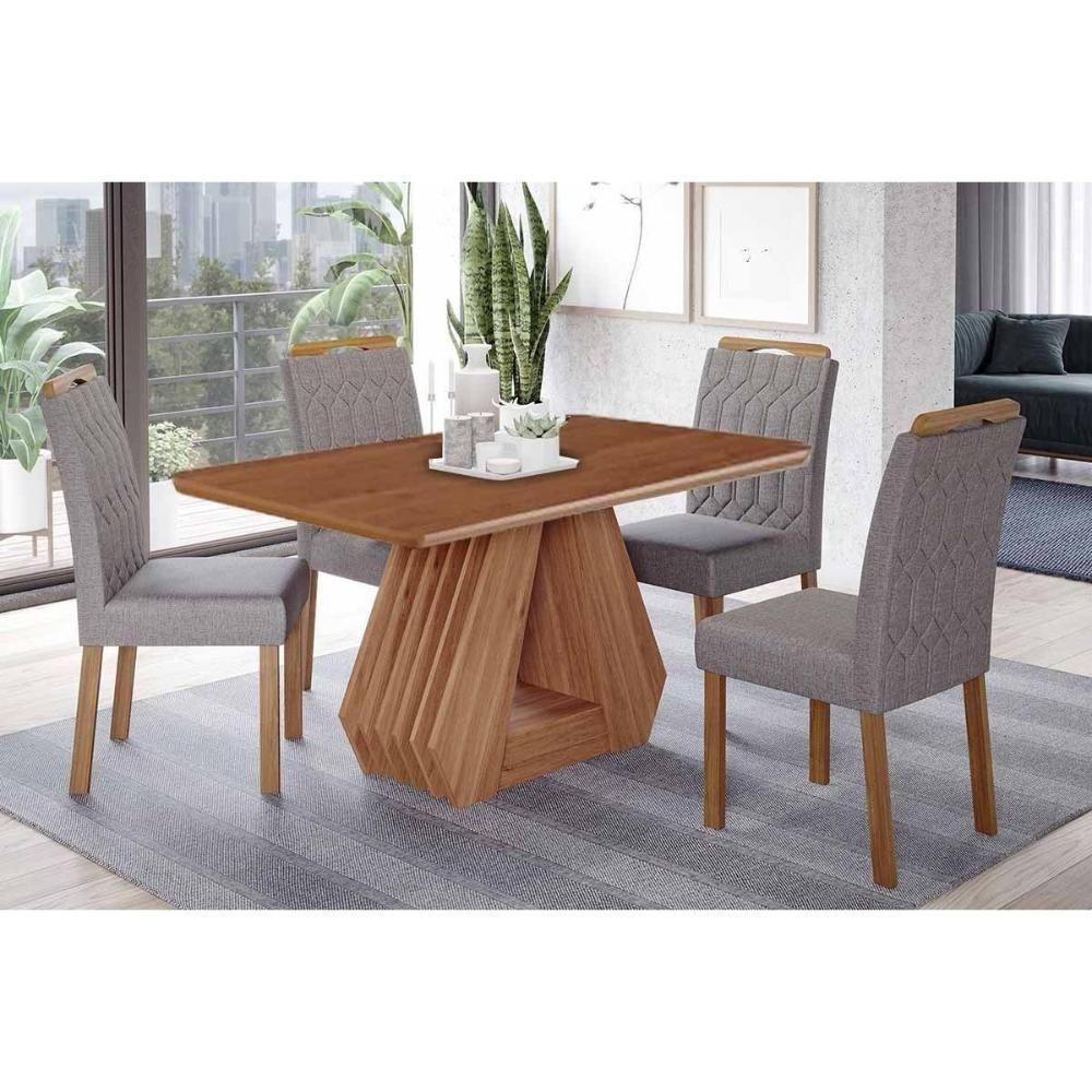 Conjunto: Mesa De Cozinha ágata Tampo Madeirado 130x80cm E 4 Cadeiras Paola Cinamomo - Carvalho-linho Grafite - Cimol - 1