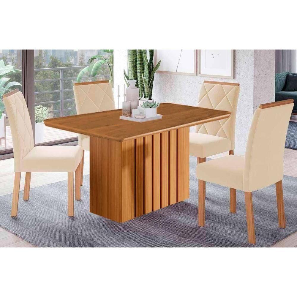 Conjunto: Mesa De Cozinha Ana Tampo Madeirado 130x80cm E 4 Cadeiras Fernanda Cinamomo - Carvalho-suede Nude Bege - Cimol - 1
