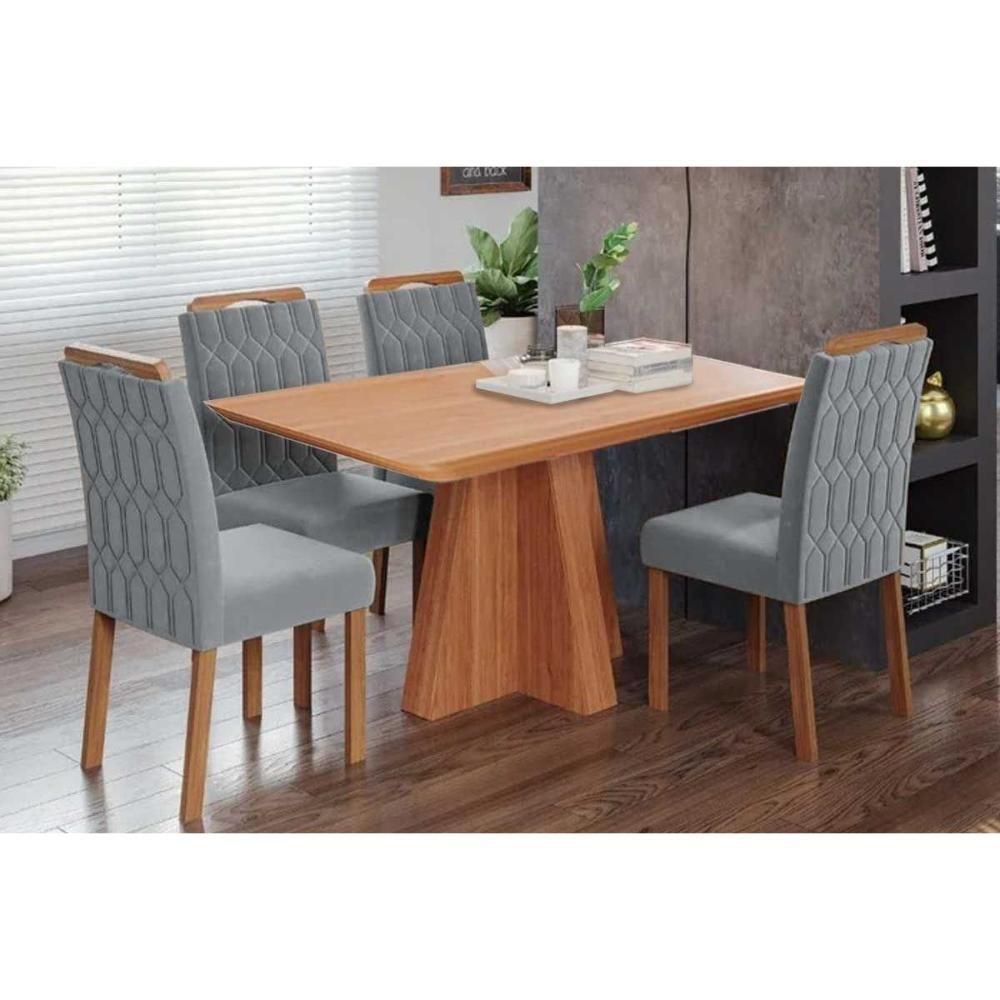 Conjunto: Mesa De Cozinha Maitê Tampo Madeirado 130x80cm E 4 Cadeiras Paola Cinamomo - Carvalho-linho Grafite - Cimol - 1