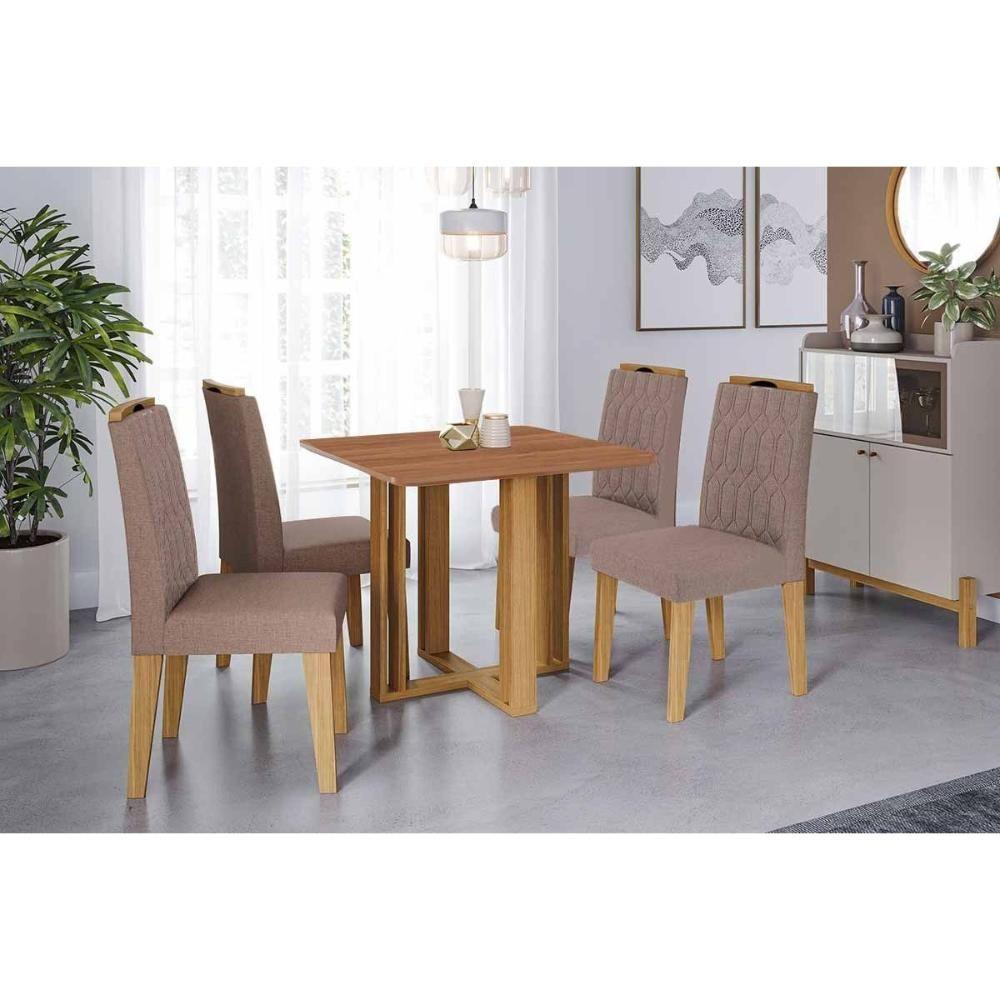 Conjunto: Mesa De Cozinha Flora Tampo Madeirado 95x95cm E 4 Cadeiras Paola Cinamomo - Carvalho-linho Bege - Cimol - 1