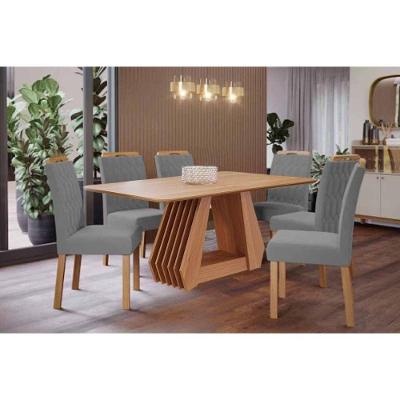 Conjunto: Mesa De Cozinha ágata Tampo Madeirado 180x90cm E 6 Cadeiras Paola Cinamomo - Carvalho-linho Grafite - Cimol