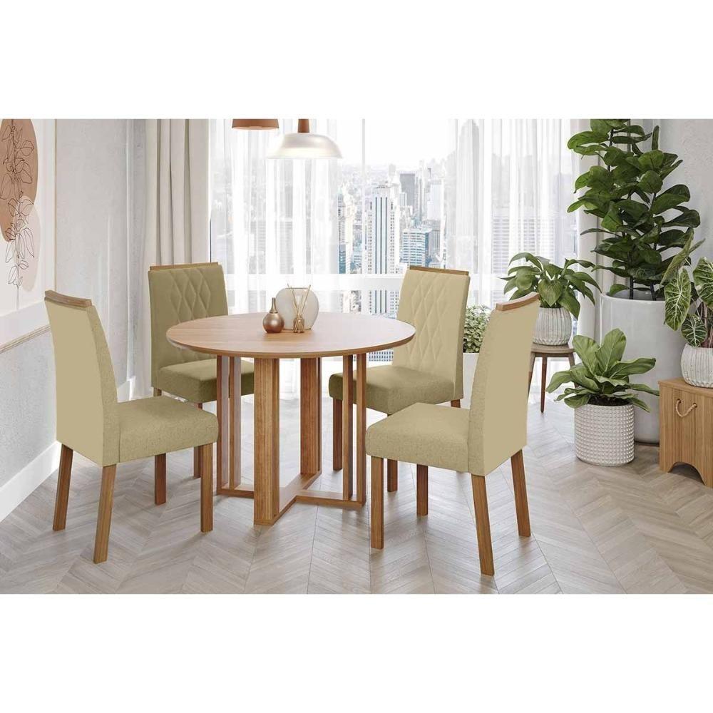 Conjunto: Mesa Sala Jantar Flora Tampo Madeirado 109cm E 4 Cadeiras Juliana Cinamomo - Carvalho-suede Nude Bege - Cimol - 1