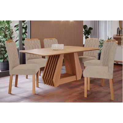 Conjunto: Mesa De Cozinha ágata Tampo Madeirado 180x90cm E 6 Cadeiras Paola Cinamomo - Carvalho-linho Bege - Cimol