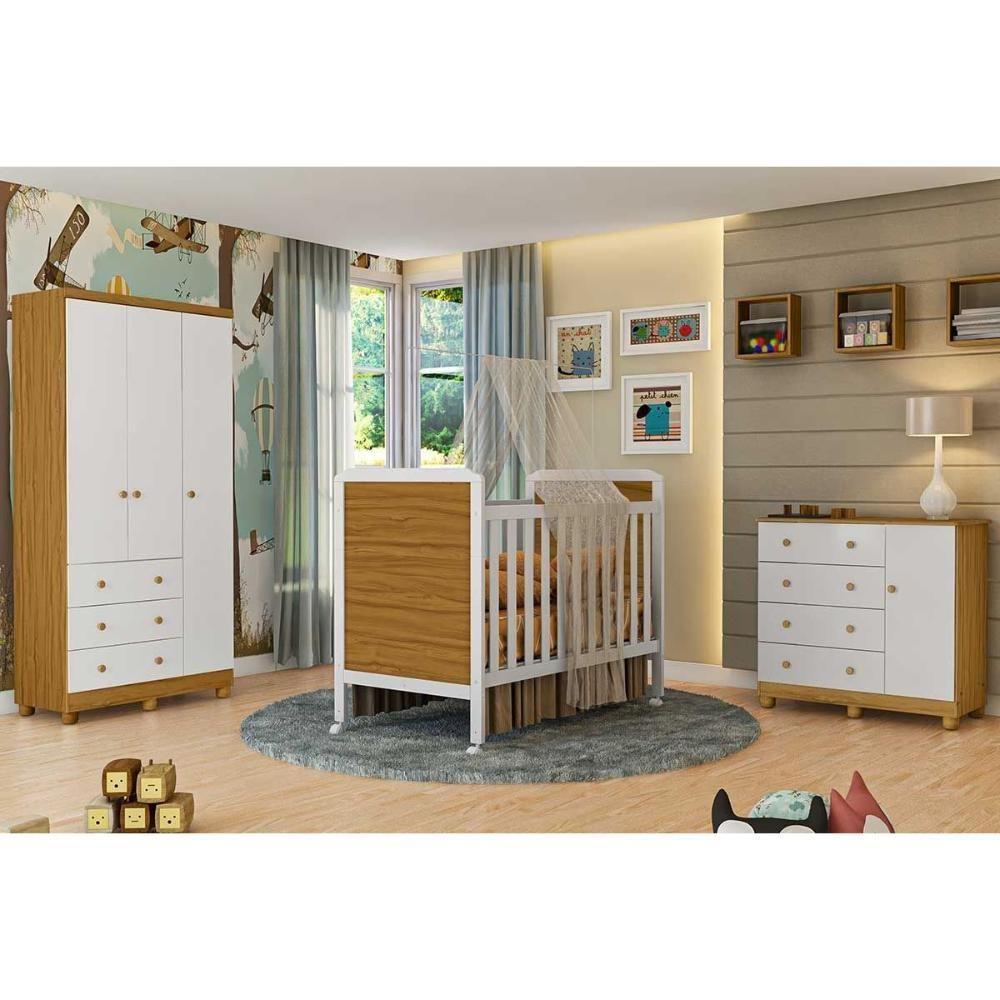 Quarto Infantil Completo 3 Peças (1guardaroupa+1berço+1cômoda) Qi123 Branco-amendoa - Peroba - 1
