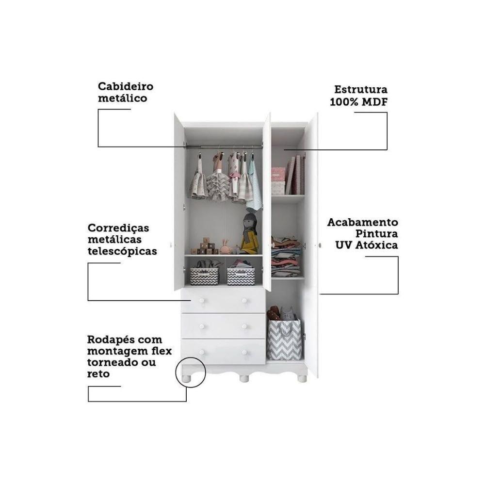 Quarto Infantil Completo 3 Peças (1guardaroupa+1berço+1cômoda) Qi123 Branco-amendoa - Peroba - 5