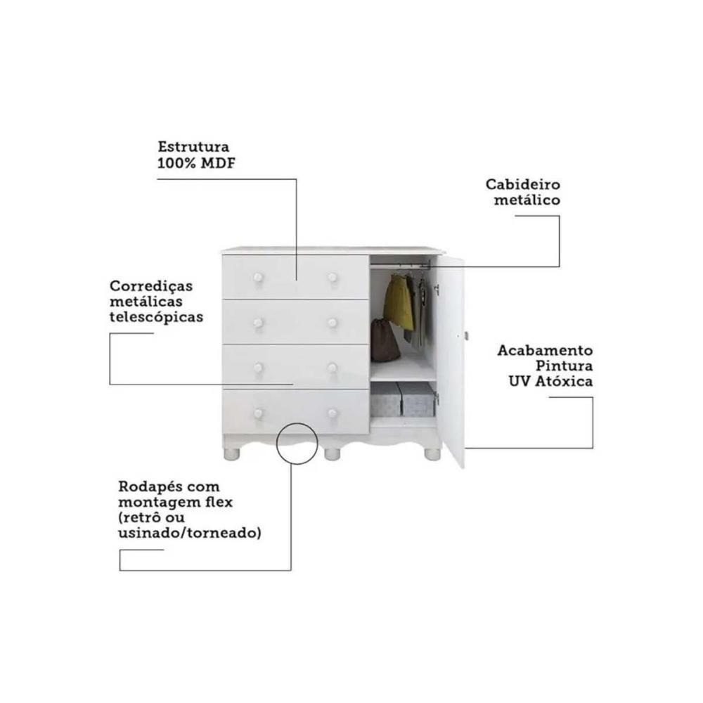 Quarto Infantil Completo 3 Peças (1guardaroupa+1berço+1cômoda) Qi123 Branco-amendoa - Peroba - 6