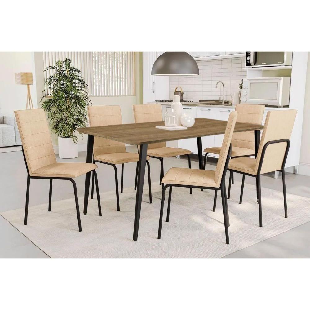 Sala De Jantar Completa Iguaçu C- Tampo De Madeira 1,36cm E 6 Cadeiras Amsterdã Preto-ano Bege - Kappesberg - 1