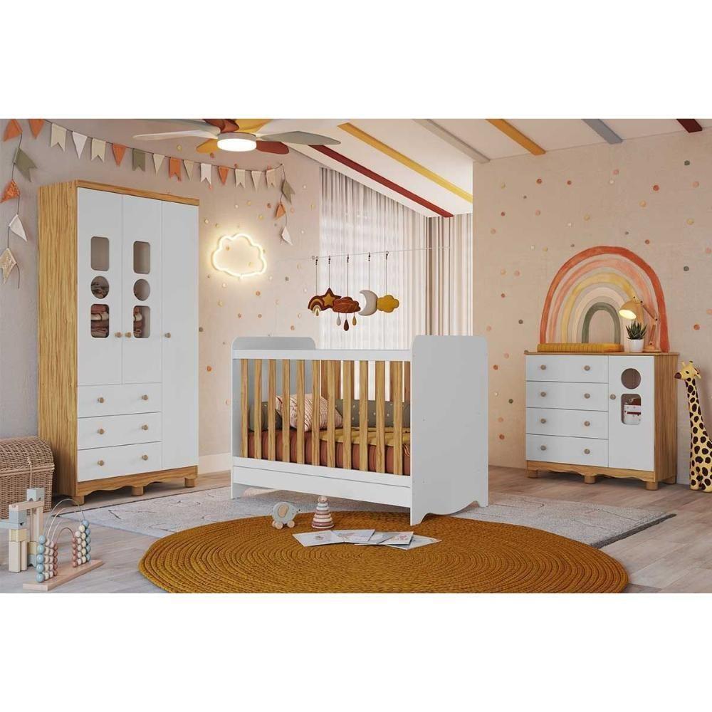 Quarto Infantil Completo 3 Peças (1guardaroupa+1berço+1cômoda) Qi124 Branco-amendoa - Peroba - 1