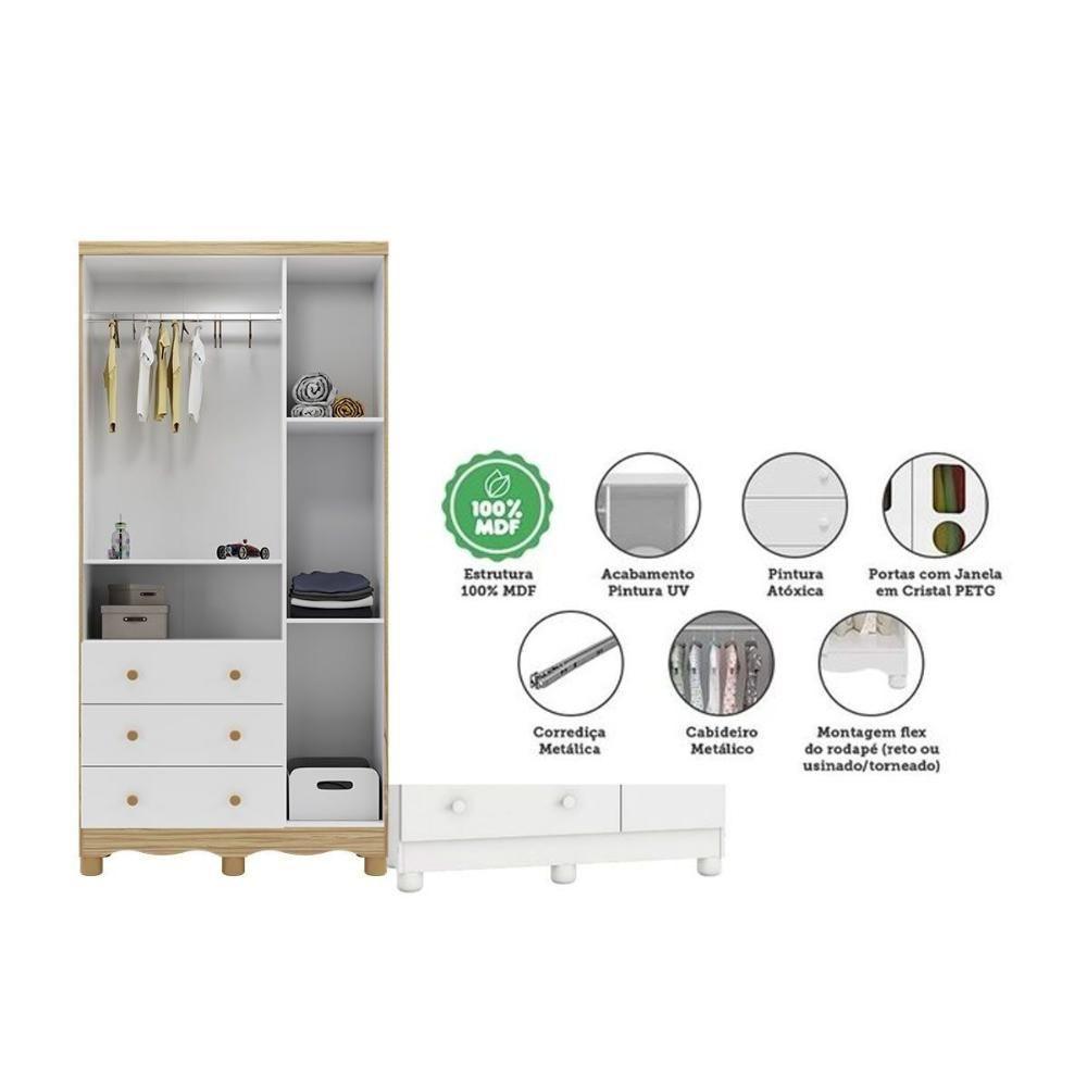 Quarto Infantil Completo 3 Peças (1guardaroupa+1berço+1cômoda) Qi124 Branco-amendoa - Peroba - 6