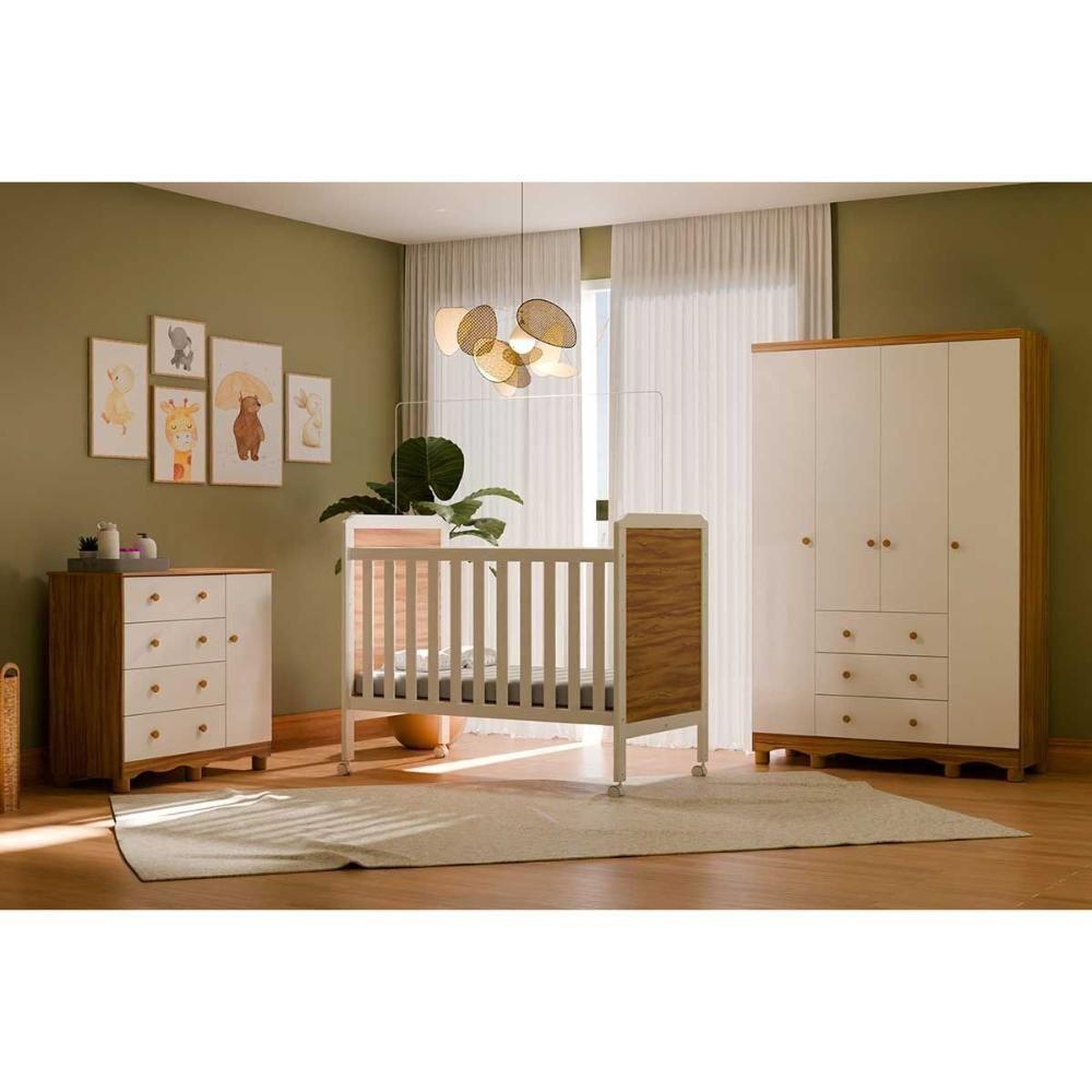 Quarto Infantil Completo 3 Peças (1guardaroupa+1berço+1cômoda) Qi121 Branco-amendoa - Peroba - 1