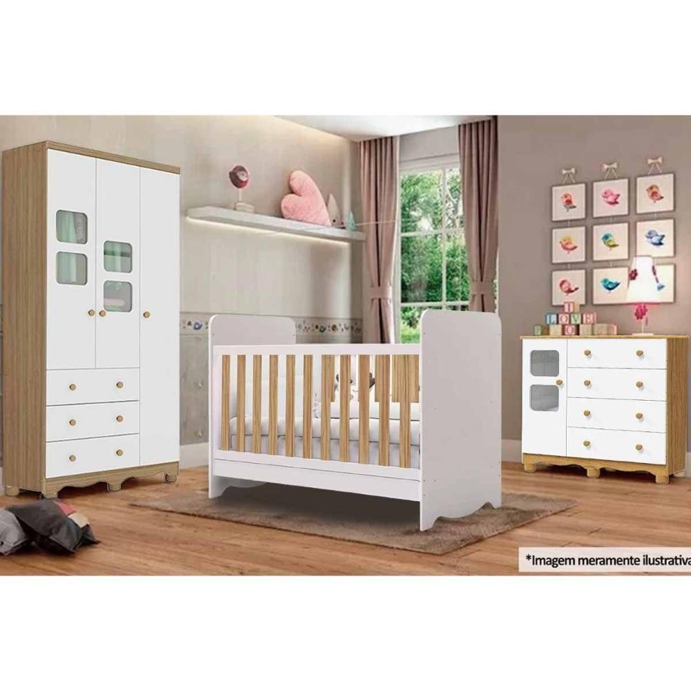 Quarto Infantil Completo 3 Peças (1guardaroupa+1berço+1cômoda) Qi126 Branco-amendoa - Peroba - 1