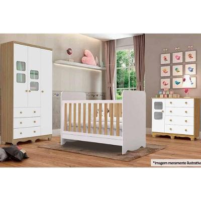 Quarto Infantil Completo 3 Peças (1guardaroupa+1berço+1cômoda) Qi126 Branco-amendoa - Peroba