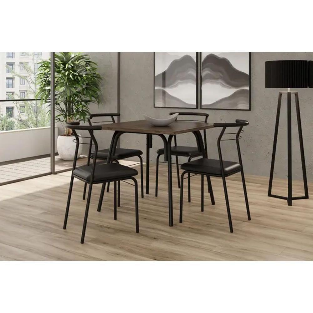 Sala De Jantar Completa 1569 Aço C- Tampo Madeirado 90x90cm E 4 Cadeiras 1708 Preto-legno - Preto - Carraro - 1