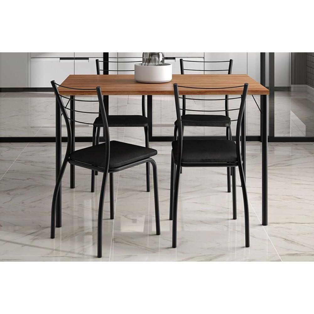 Sala De Jantar Completa 1586 Aço C- Tampo Madeirado 120x80cm E 4 Cadeiras 1700 Preto-freijo - Corano Preto - Carraro - 1