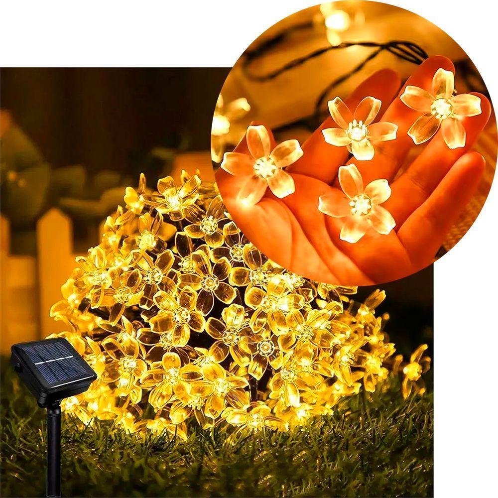 Pisca Cordão Flores Natal Solar Externo De 5m 20leds Amarelo - 1