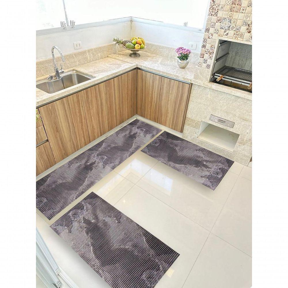 Kit 3 Peças Jogo Cozinha Passadeira Emborrachada Não Derrapa Mármore Preto - 1