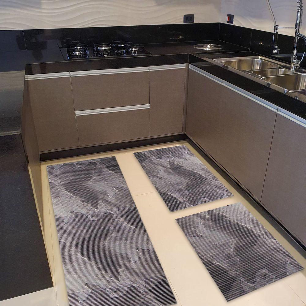 Kit 3 Peças Jogo Cozinha Passadeira Emborrachada Não Derrapa Mármore Preto - 3