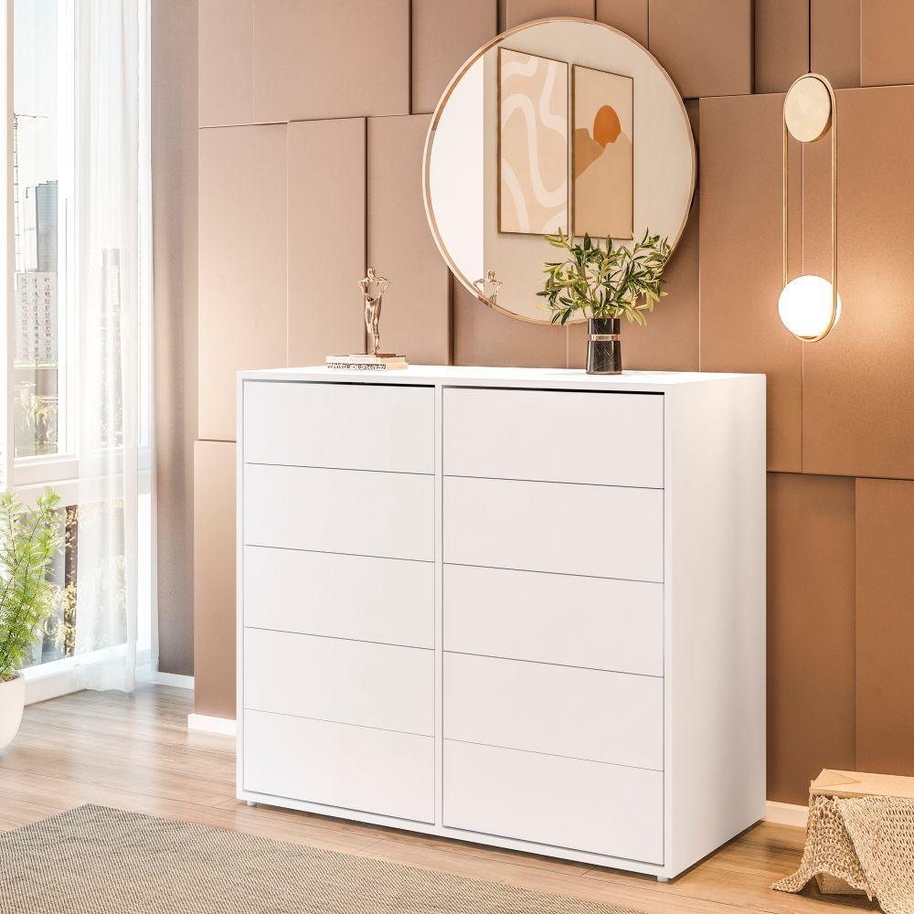 Cômoda Dieci 10 Gavetas Mdp 15 Mm Corrediça Telescópica + Fecho Toque Branco - 10