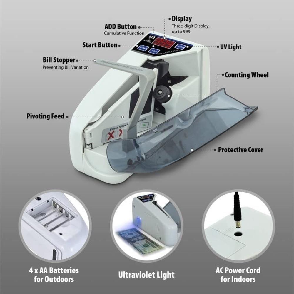Contador Cedulas Maquina Contar Dinheiro Portatil Notas Euro Real Dolar Mini Profissional - 6