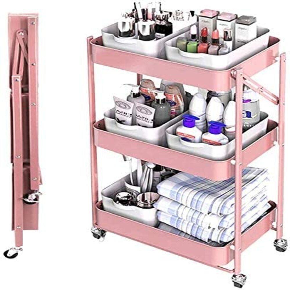 Carrinho Multiuso Organizador 3 Prateleiras Dobravel Em Aço Rosa Quarto Sala Brinquedos Salao Manicure Varanda - 6