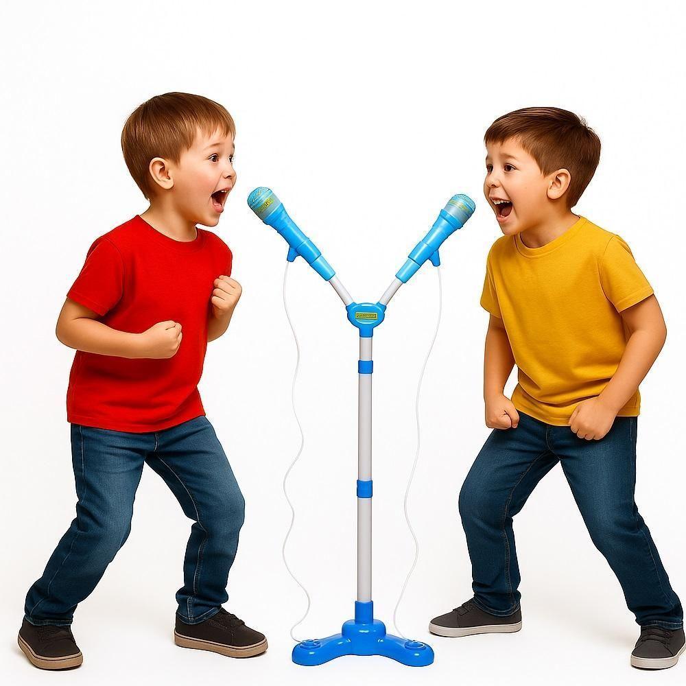 Kit Microfone Infantil Duplo Com Pedestal Conecta No Celular Som E Luz De Led Karaoke Rock Hero Squad Menino - 7