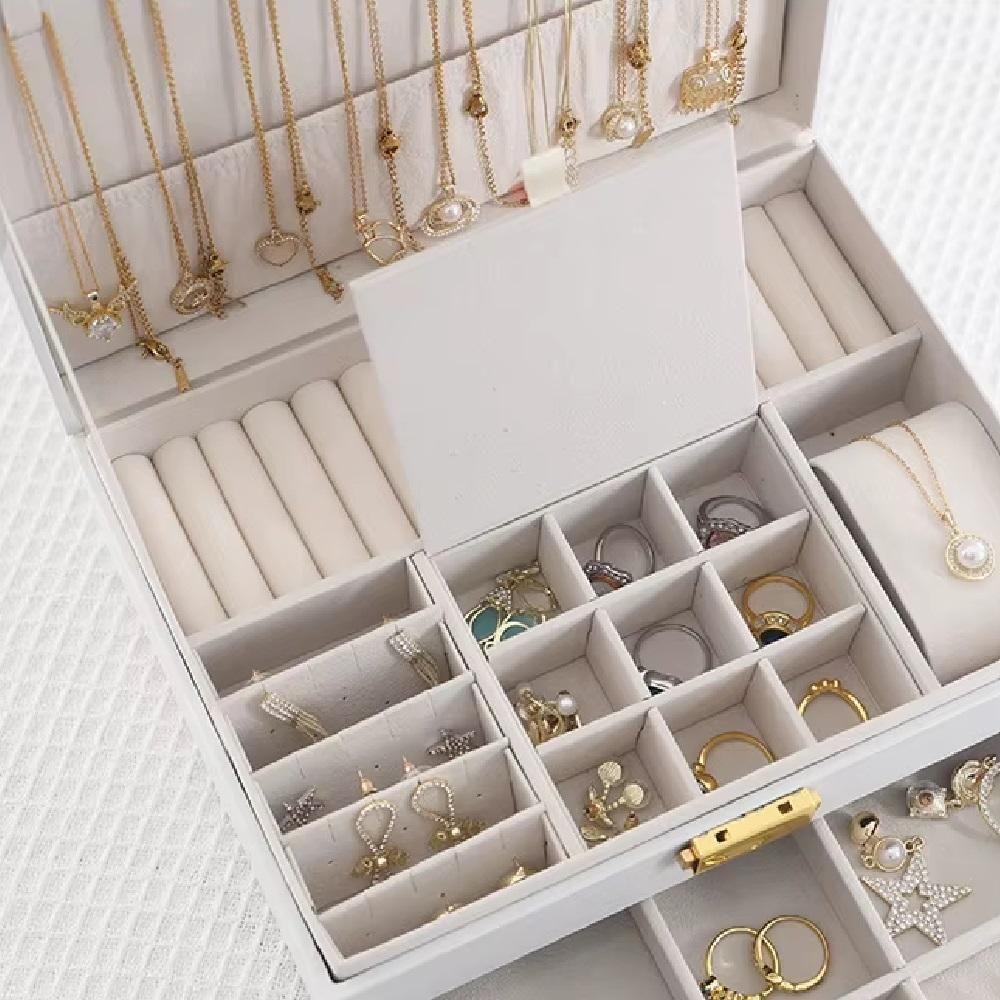 Maleta Organizador De Joias Com Gaveta Portatil 2 Andares Para Brincos Aneis Relogio Viagem Luxo Branco - 6