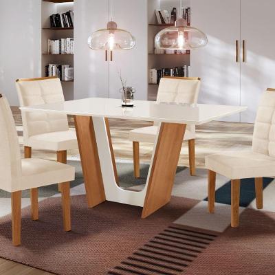 Mesa De Jantar 4 Cadeiras Tampo De Vidro Cinamomo-off White Florença-villa Rica Cel Móveis