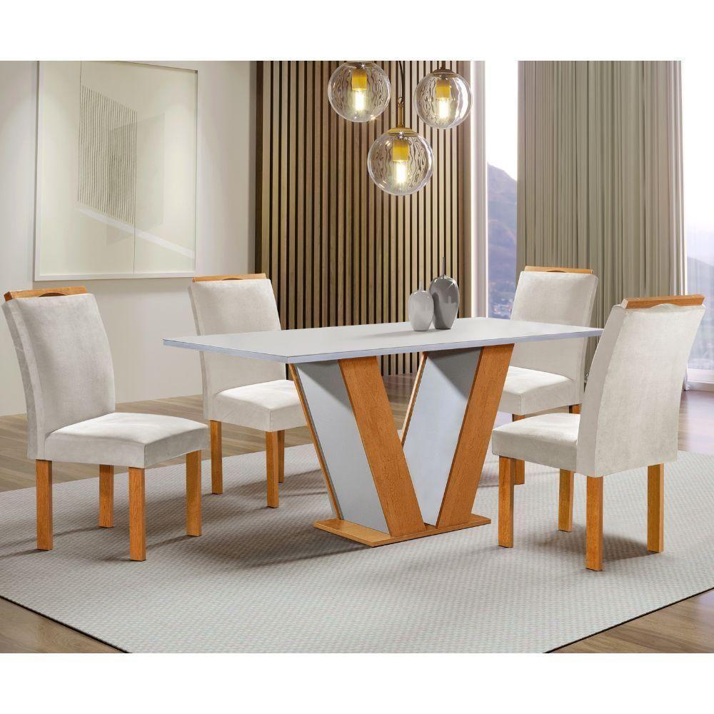 Mesa De Jantar 4 Cadeiras Tampo De Vidro Cinamomo-off White Qatar Cel Móveis - 1